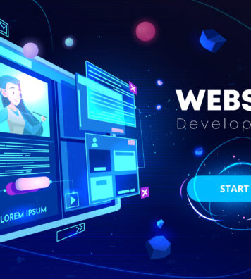 Website development banner, computer technology, monitor with open browser page and woman profile on screen, futuristic background in neon glowing colors. Cartoon vector illustration, landing page
