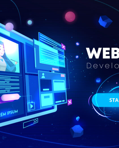 Website development banner, computer technology, monitor with open browser page and woman profile on screen, futuristic background in neon glowing colors. Cartoon vector illustration, landing page