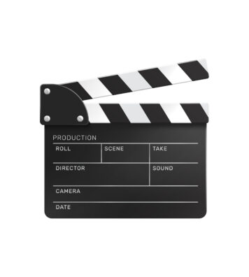 Cinema film production realistic transparent composition with isolated image of clapper with empty fields vector illustration