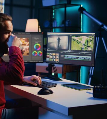 Video editor polishing raw footage, applying modern editing techniques in order to enhance clarity, sharpness and brightness. Videographer adjusting clips while enjoying cup of coffee in office